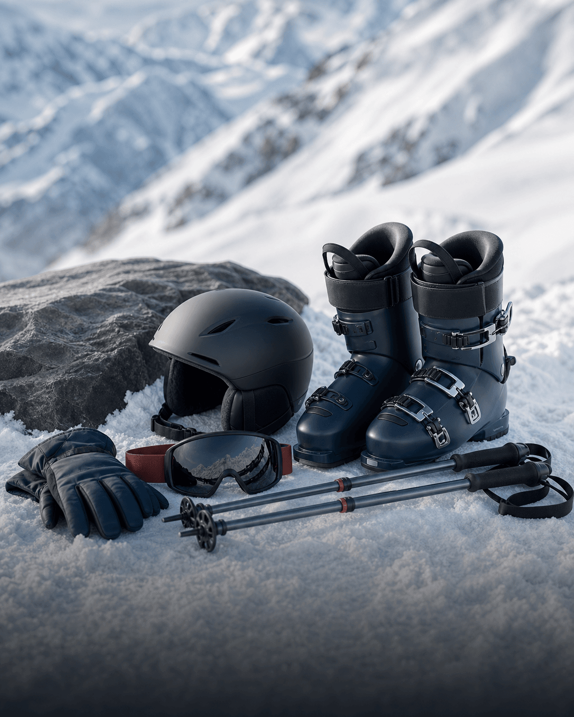 Casque, chaussures de ski, masque, gants et bâtons posés dans la neige devant les sommets enneigés