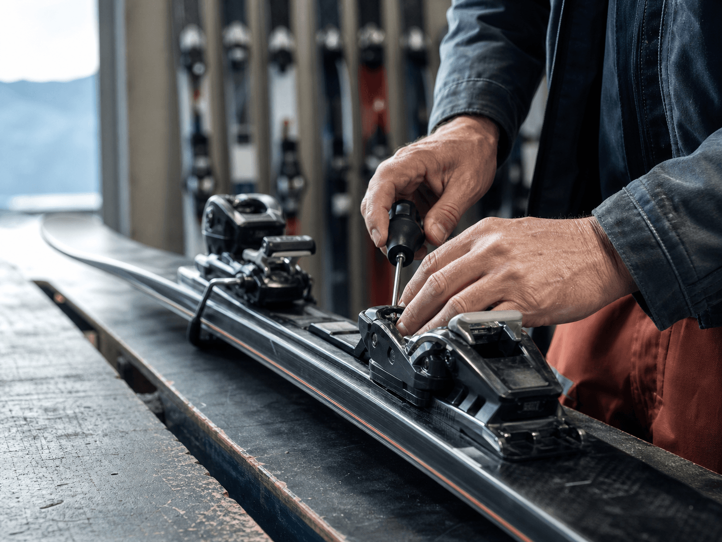 Mains d'un technicien réglant la fixation d'un ski à l'atelier, devant un rack de skis