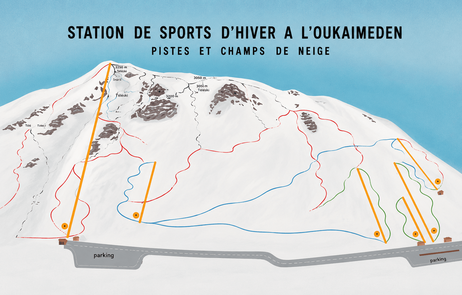 Plan des pistes de l’Oukaïmeden : le domaine s’étage du parking au sommet, avec ses pistes vertes, bleues, rouges et noires, son télésiège et ses téléskis